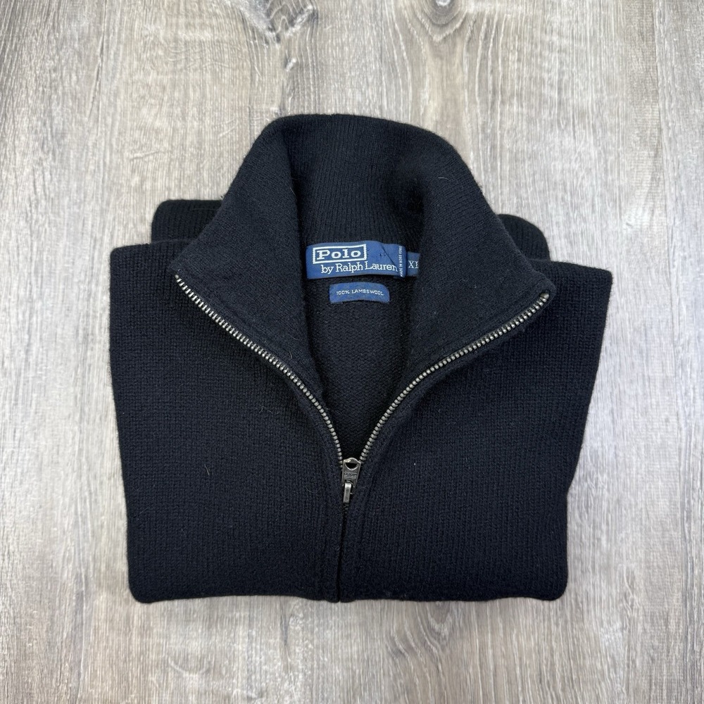 Polo Ralph Lauren Full Zip Sweater 100% Lambs Wool Black Men's Size XL Pockets
